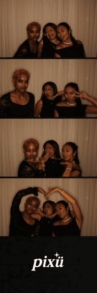 A black pixü photo strip with four portraits of three friends