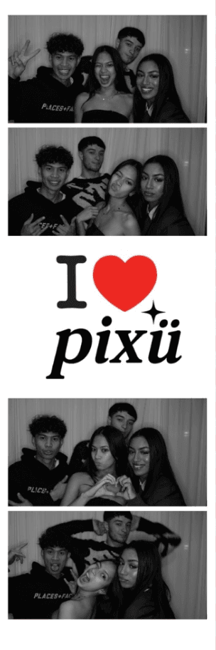 An I love pixü strip with four black-and-white group portraits