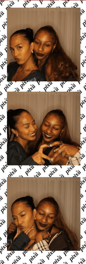 A patterned pixü strip with three portraits of two friends