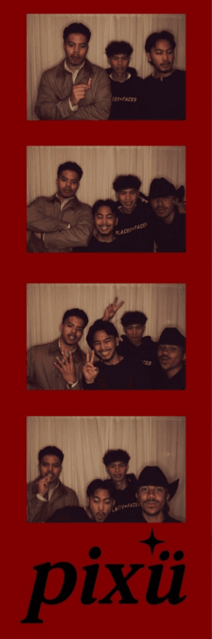 A red pixü photo strip with four group portraits